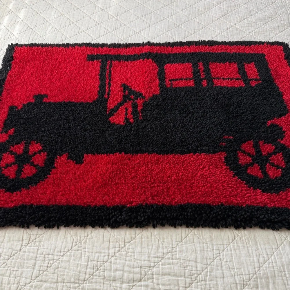 Vintage Latch Hook Rug Wall Hanging 36x24 Antique Car Red Black Textile Art